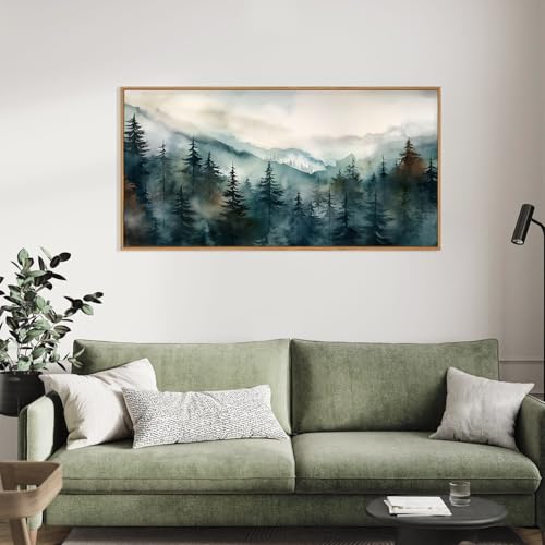 Image of KAIRNE Watercolor Misty Forest Framed Canvas Wall Art Set, Nature Landscape Wall Decor, Foggy Mountain Pine Trees Wall Painting, Jungle Scenery Artwork for Living Room, Bedroom, Office-40 x20 x1