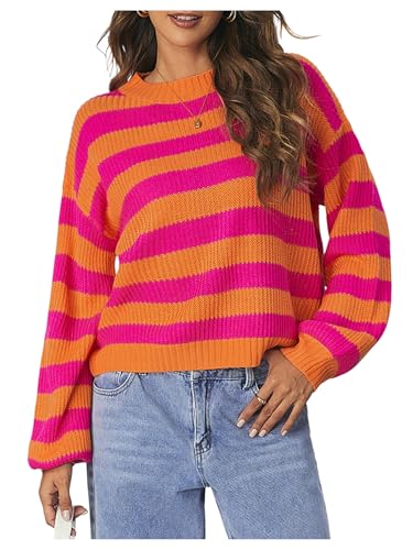 Image of SOLY HUX Women's Color Block Striped Knit Tops Casual Long Sleeve Drop Shoulder Sweater Pullovers