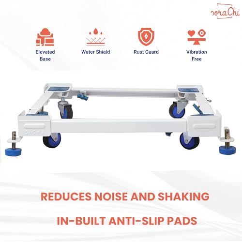 Image of SoraChi Adjustable Iron Washing Machine Stand with Wheels | Elevates Appliances to Prevent Water Damage & Reduce Vibrations | Universal Fit for Washers & Refrigerators (Blue)