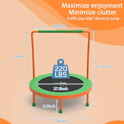 3FT Foldable Kids Trampoline, 36'' Indoor & Outdoor Mini Trampoline for Toddlers, Max Capacity 220 LBS, Adjustable Handlebar, Quiet & Safe Design