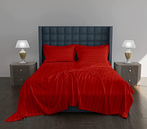 Image of 300 TC Glace Cotton Plain Stripe Queen Size Single Bedsheet with 1 Pillow Cover for Home, Hotel, Guest Room (60 X 90) Inch Maroon Pack 1