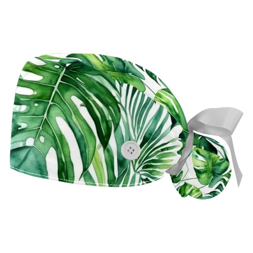 FQURFHY 2 Packed,Green palm leaves，Scrub caps women,Scrub caps women ponytail,Nursing hats for women,for chef