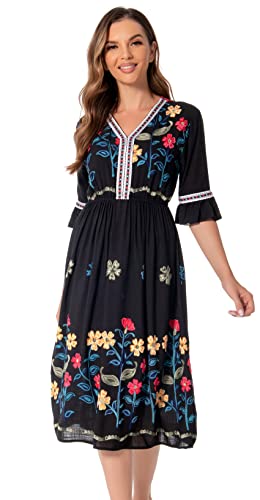 Image of Shineflow Women's Short Sleeve Mexican Embroidered Floral Pleated Midi A-line Cocktail Dress