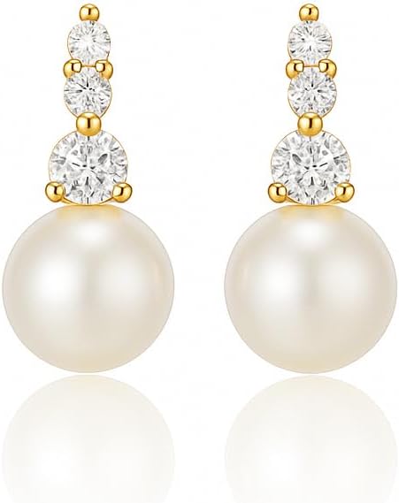 Pearl Earrings for Women, 14k Gold Plated CZ Formal Pearl Stud Earring Hypoallergenic Gold Earrings for Women Trendy Dainty Bridal Pearls Drop Earrings Fashion Wedding Jewelry