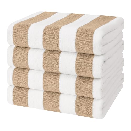 Cotton Paradise, Cabana Stripe Beach Towels 4 Packed, 30x60 inches Extra Large Pool Towels, Soft Absorbent Quick Dry, Beige