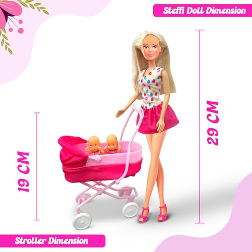 Image of Steffi Love Sunshine Twins| Pretend Play Set with Baby Stroll and Adorable Twin Babies| Safe 16+Baby Accessories| Adorable Role Play Set for Girls Age 3+ (White & Pink)