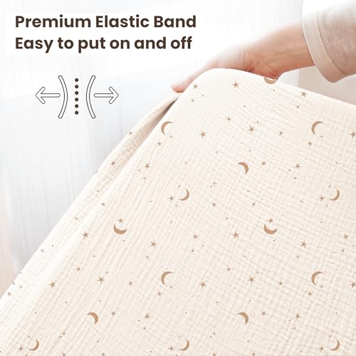 Image of Konssy Muslin Crib Sheets for Boys, Soft Cotton Neutral Baby Sheets for Standard Crib Mattress 2 Pack, 52 inchx28 inch (Coffee Check,Moon)