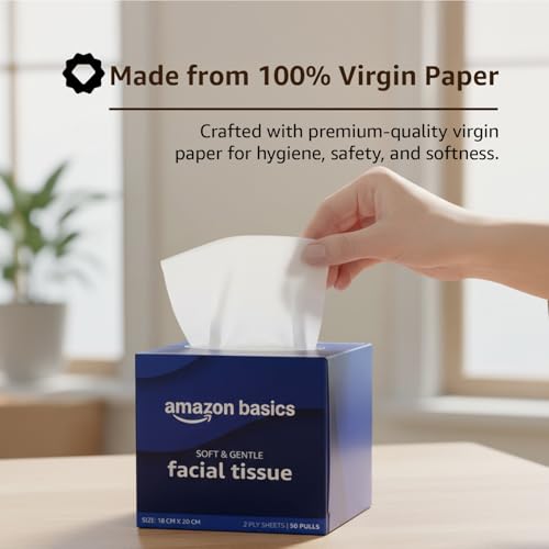 Image of Amazon brand- Amazon Basics 2-Ply Facial Tissue paper 200 pulls | 50 pulls x Pack of 4| Soft, Gentle & Absorbent| Chemical-Free