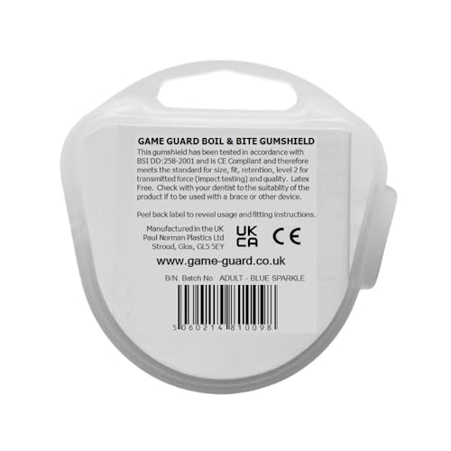 GAME GUARD protector bucal para hervir y morder/protector de encías - protector bucal moldeable/protectores de encías - Mayor/Adulto - Aprobado por CE, deportes escolares, fútbol, rugby (Brillo Azul) - imagen 3