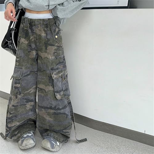 Girls Casual Cargo Pants Wide Leg Camouflage Painting High Waist Baggy Floor Length Parachute Pants with Girl Pants Set2