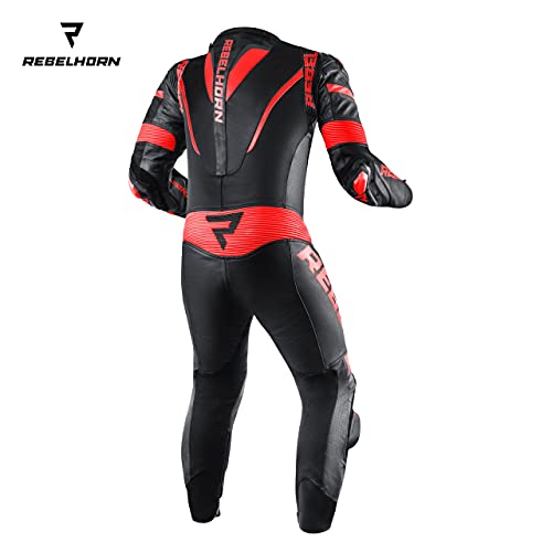 REBELHORN Rebel Einteiliger Motorrad Lederanzug für Männer Ellbogen Schulter Rücken Knie Hüfte & Steißbein Schutz Belüftung 4 Taschen Reflektierende Paneele