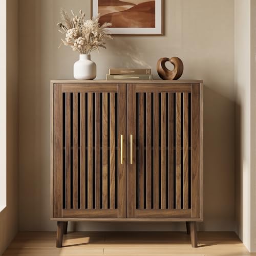 Image of Smart FENDEE Sideboard Cabinet, 31.5 inch W Farmhouse Buffet Cabinet with Slatted Doors & Adjustable Shelf, Wood Coffee Bar Storage Station for Kitchen, Dining Room, Living Room, Entryway, Walnut Color