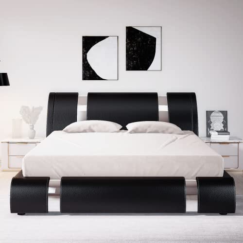 Allewie Queen Bed Frame With Iron Piece Decor, Faux Leather Upholstered Platform Bed With Adjustable Headboard & Strong Wooden Slats, No Box Spring Needed, Black #TOP2