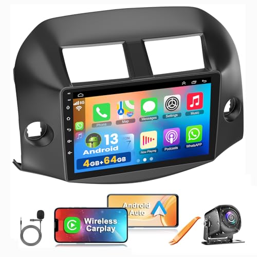 4G+64G Car Radio Stereo for Toyota RAV4 2007-2012, Wireless Carplay&Android Auto with Android 13 Support Bluetooth/Voice Control/GPS/WiFi/Back-up Camera/SWC/FM, 10 Inch IPS Touch Screen