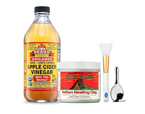 F.O.Y Aztec Secret Indian Healing Clay 1 lb Bundle, Deep Pore Cleansing Facial The Original 100% Natural Calcium Bentonite W/ Custom Brand Mask Brush and Measuring Spoon, 4 Piece Set