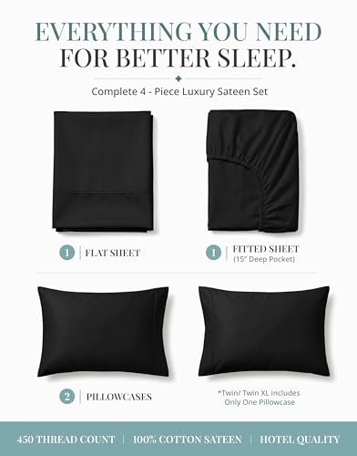 Image of LANE LINEN Cali King Sheet Set - 450 Thread Count Premium Sateen Weave for Silky Feel On Skin - Cooling Sheets for Deep Sleep - Securely Fits Mattresses Upto 15'' Deep - Oeko Tex Certified - Black