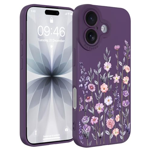 Image of Designed for iPhone 17 Case Flower for Women, Dark Purple | Cute Floral Pattern Liquid Silicone Phone Case [Full Camera Protection] Slim Soft TPU Protective Cover