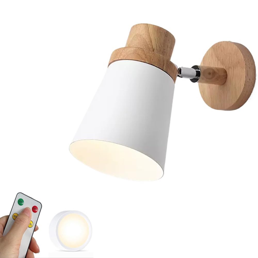 ZVALIEVYE Modern Battery Operated Wall Sconce with Wood Industrial Remote Control Wireless Wall Sconce Light USB Rechargeable Cordless Wall Mounted Lamp for Bedside Bedroom Headboard/White