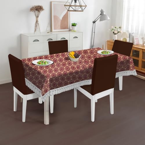 Image of The Furnishing Tree Waterproof PVC Rectangle Shaped 4 Seater Table Cover WxL 54x78 inches Packed Pattern Multicolor with White Border lace