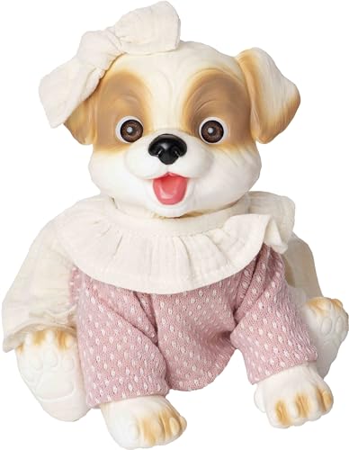 RosaToys – Muñeco Perro blanco Jersey lana rosa y volantes beig Rosatoys.