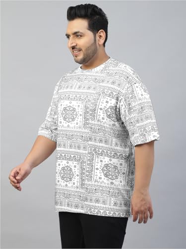 Image of Veirdo 100% Pure Cotton Oversized Loose Baggy Fit Drop Shoulder Paisley Printed Plus Size T-Shirt for Men (Sizes: 2XL to 5XL)
