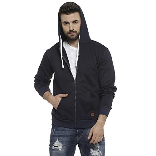 Image of CAHOOT Men's Dark Blue Zip-Front Hoodie with Contrast Drawstring for Casual Wear | Long Sleeve | Hooded Neck | Zipper Closure | Cotton Sweatshirt Crafted with Comfort Fit for Everyday Wear