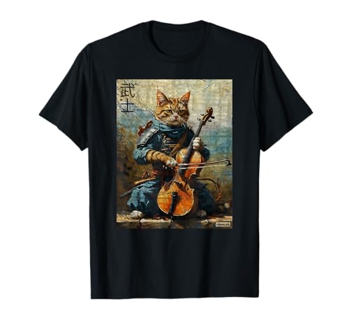 Obra de arte vintage con tinta de gato y violonchelo, guerrero Ukiyo, gato samurái Camiseta