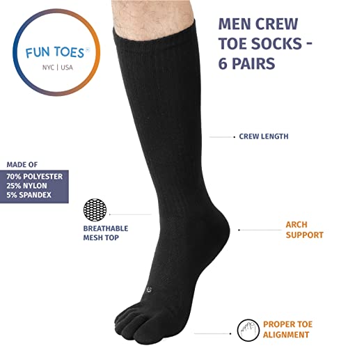 FUN TOES Men Crew Toe Socks Athletic Running - Proper Toe Alignment - Breathable Mesh Top - Value 6 Pairs Pack size 6-122