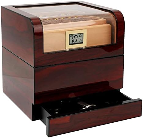 Kavine Cigar Humidors, Top Handcrafted Spanish Cedar Humidor Cigar Box with Bulit in Digital Hygrometer, Humidifier, and Accessory Drawer-3 Wooden Shelves Hold 55-85 Cigars