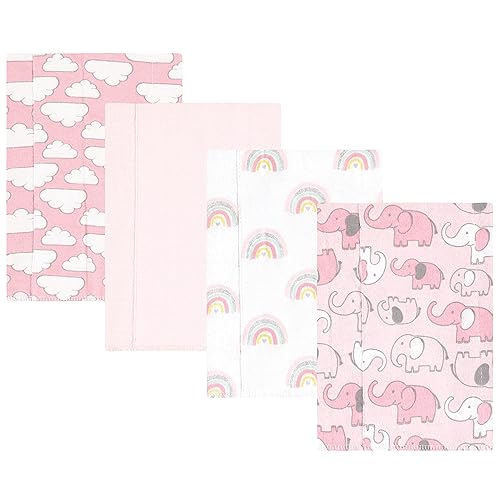 Image of Hudson Baby Unisex Baby Cotton Poly Flannel Burp Cloths, Girl New Elephant 4-Pack, One Size