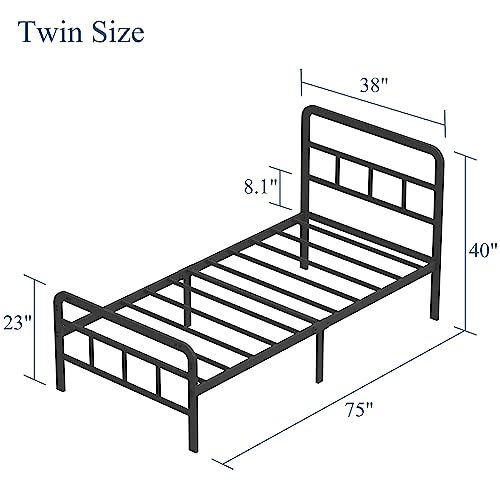 Image of Richwanone 14 inch Twin Bed Frame with Headboard and Footboard, Metal Bed Frame with Steel Slat Support, No Box Spring Needed, Easy Assembly, Black