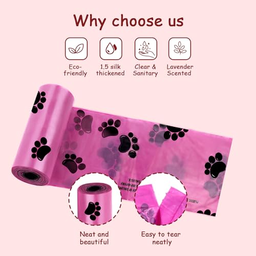 Image of Dog Poop Bags Dispenser with Carabiner Clip, Doggy Poop Bag Holders for Leashes Include 1 Roll (15 Bags) Leak-Proof Large Lavender Scented Doggie Pet Waste Bags, Dog Accessories, Red