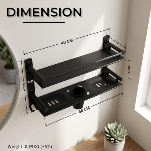 Image of GLOXY Premium Combo Pack of 2 Black Matte Finish Bathroom Shelf Rack - Wall Mount 4-in-1 Multipurpose Double Soap Stand with Toothpaste Holder and Hooks - Bathroom Fittings Accessories Set