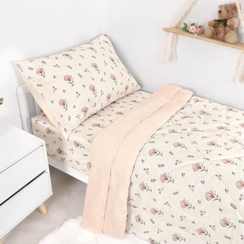 Image of SWESEN Toddler Bedding Set for Boys, Blue Space Toddler Boy Bedding Set, Soft & Lightweight 4 Piece Toddler Comforter Sets Include Comforter, Flat Sheet, Fitted Sheet, Pillowcase, Floral
