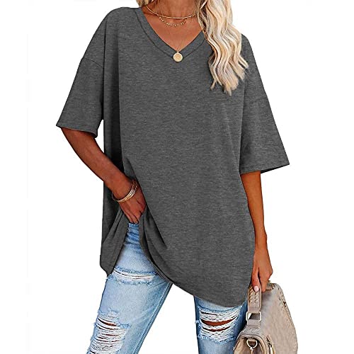 Famulily Plus Size Solid Color Tunic Tshirts Ladies V Neck Half Sleeve Summer Baseball T Shirt (L, Dark Grey)