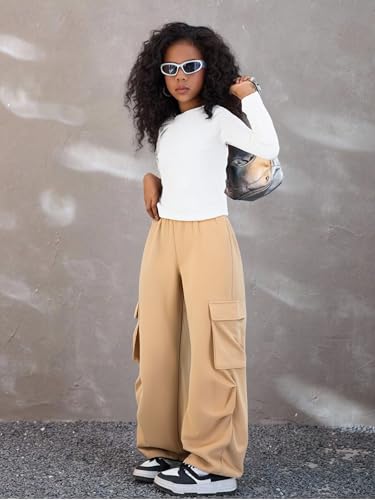 Image of Azmxynol Girls Clothes 2 Piece Outfit Ribbed T-Shirt Top + Cargo Pants, Girls Fall Clothing Set, Sizes 5-16 Years