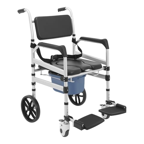 Faltbar Toilettenstuhl aus Aluminium mit Rollen bis 150 kg belastbar 46-51cm Höhenverstellbar Badezimmerrollstühle Duschrollstuhl für Senioren und Mobilitätseingeschränkte (U-förmige Platte)