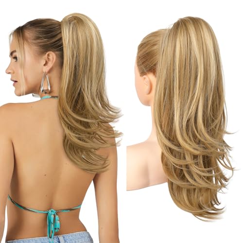 Flufymooz Ponytail Extension for Women 20 Inch Drawstring Ponytail Hair Extension for Women Soft Natural Looking Synthetic Pony Tails Hairpiece (Blonde with Highlights)