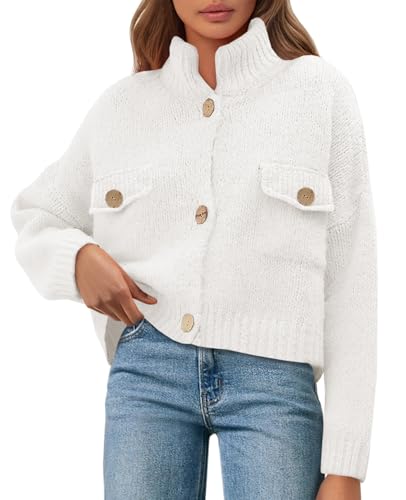 Image of Saodimallsu Womens Cropped Cardigan Sweaters Button Up Chunky Knit Long Sleeve Collared Open Front Loose Jackets