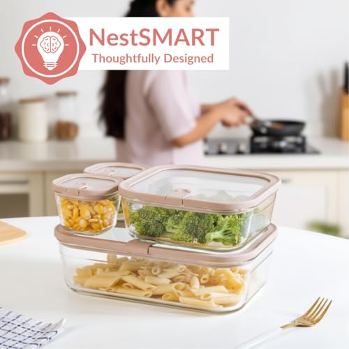 Image of Nestasia Vento Glass Containers with Lid Set of 4 (220ml x 2, 1320ml x 1, 2500ml x 1) - Microwave, Refrigerator & Dishwasher Safe Containers with Air Vent Lid for Fridge Storage (Beige)