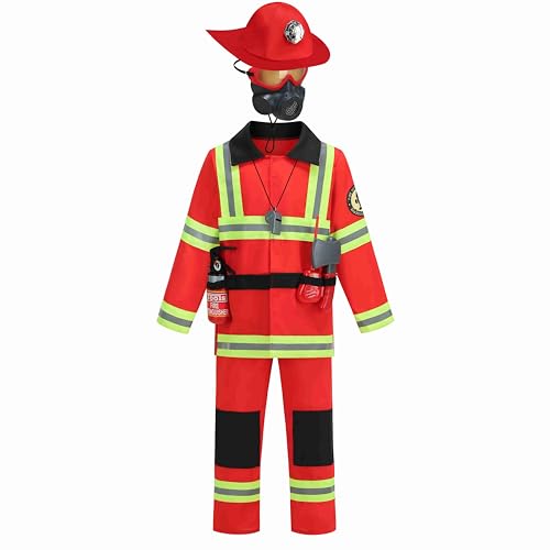 AGCOAH Kids Firefighter Firetruck Costume Dress up Chief Role Play Dress Clothes for Play Halloween (Mask Red 10-12Y-XL)