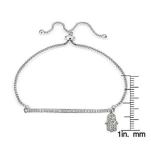 Image of Hoops & Loops Sterling Silver Cubic Zirconia Hamsa & Bar Adjustable Pull String Bracelet