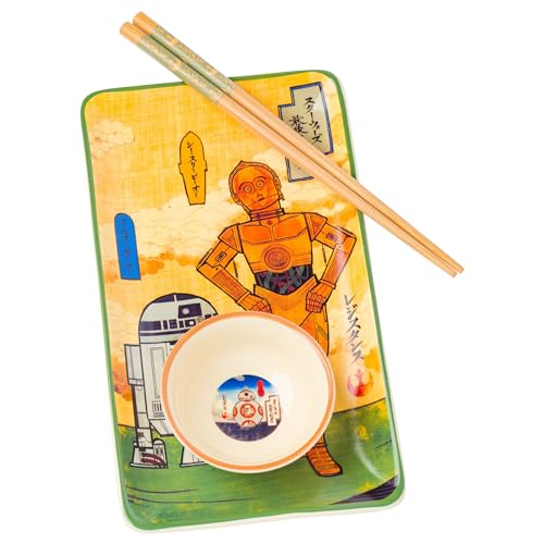 Image of Silver Buffalo Star Wars Droids Japanese Featuring R2-D2, C-3PO, and BB-8 Ceramic Sushi Set with Dipping Sauce Dish and Matching Chopsticks