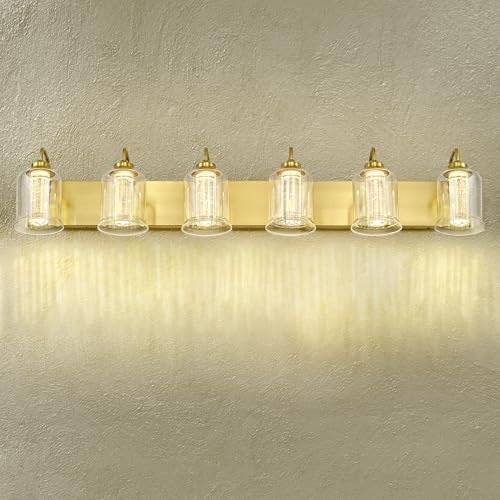 Image of zeyu 6-Light Bathroom Wall Mounted Light, 40W Gold Bathroom Light Fixtures with 5 Color Modes, Brushed Gold Finish with Crystal Bubble and Clear Glass, ZSL72B-6W LED BG