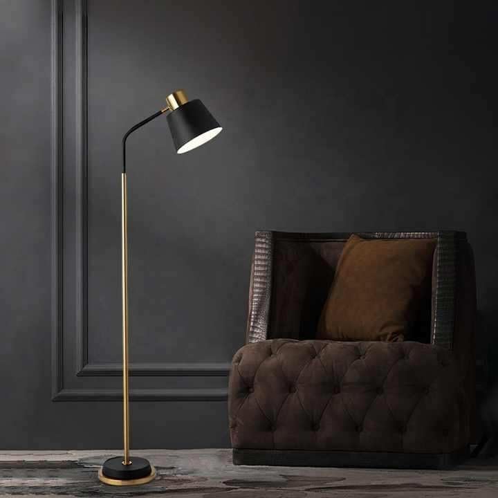 Image of Modern Floor Lamp for Living Room | Black & Gold Metal Standing Lamp with Adjustable Head | Minimalist Reading Floor Lamp for Bedroom, Corner & Home Decor