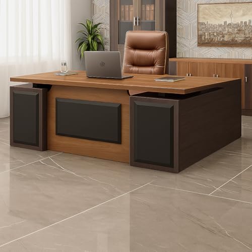 Image of Lakdi The Furniture Co Director L Shape Table Made in Particle Board and Metal SS Piller and Luxury Modern CEO Desks and MDF Modestery with Matte Finish & Computer Workstation- Classic Walnut-LDL-557
