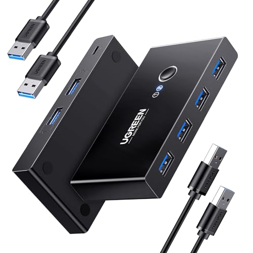 UGREEN 4 Puertos USB 3.0 Switch 2 Entradas y 4 Salidas con 2 Cable para Compartir 4 Dispositivos de Teclado, Ratón, Memorias, Disco Duro, Impresoras, Escáneres, auriculares, etc