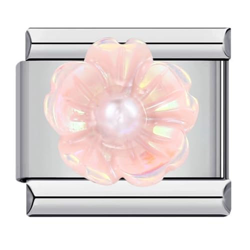 Image of Mon & Sons Camellia Pearl Pink Silver Italian 9mm Link Stainless Steel Bracelet Charm Compatible With 9mm Link
