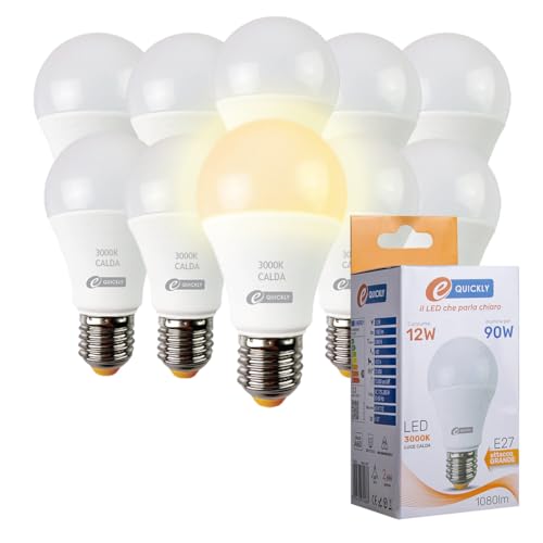 E-QUICKLY Lampadine Led E27 luce calda - 12W equivalenti 90w, 1080 lumen, Lampadina luce led calda 3000k, Lampada led attacco grande, Lampadina E27, lampade A60 ad alta efficienza basso consumo, 10 PZ
