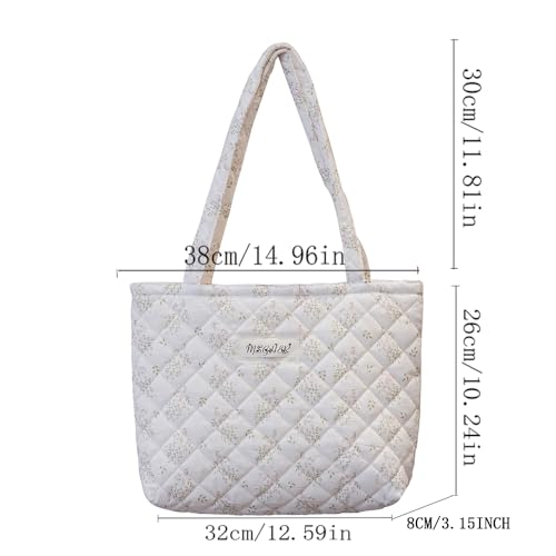Image of Floral Quilted Cotton Shoulder Bag for Women Daily Use Medium Size Handbag Large Capacity Thickened Design Tote